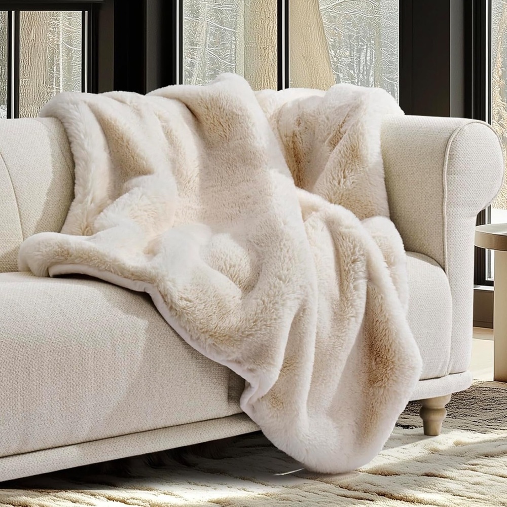 🆕 PB Style Chinchilla Throw Cream White Faux Fur Luxe Soft Blanket Velvet RH